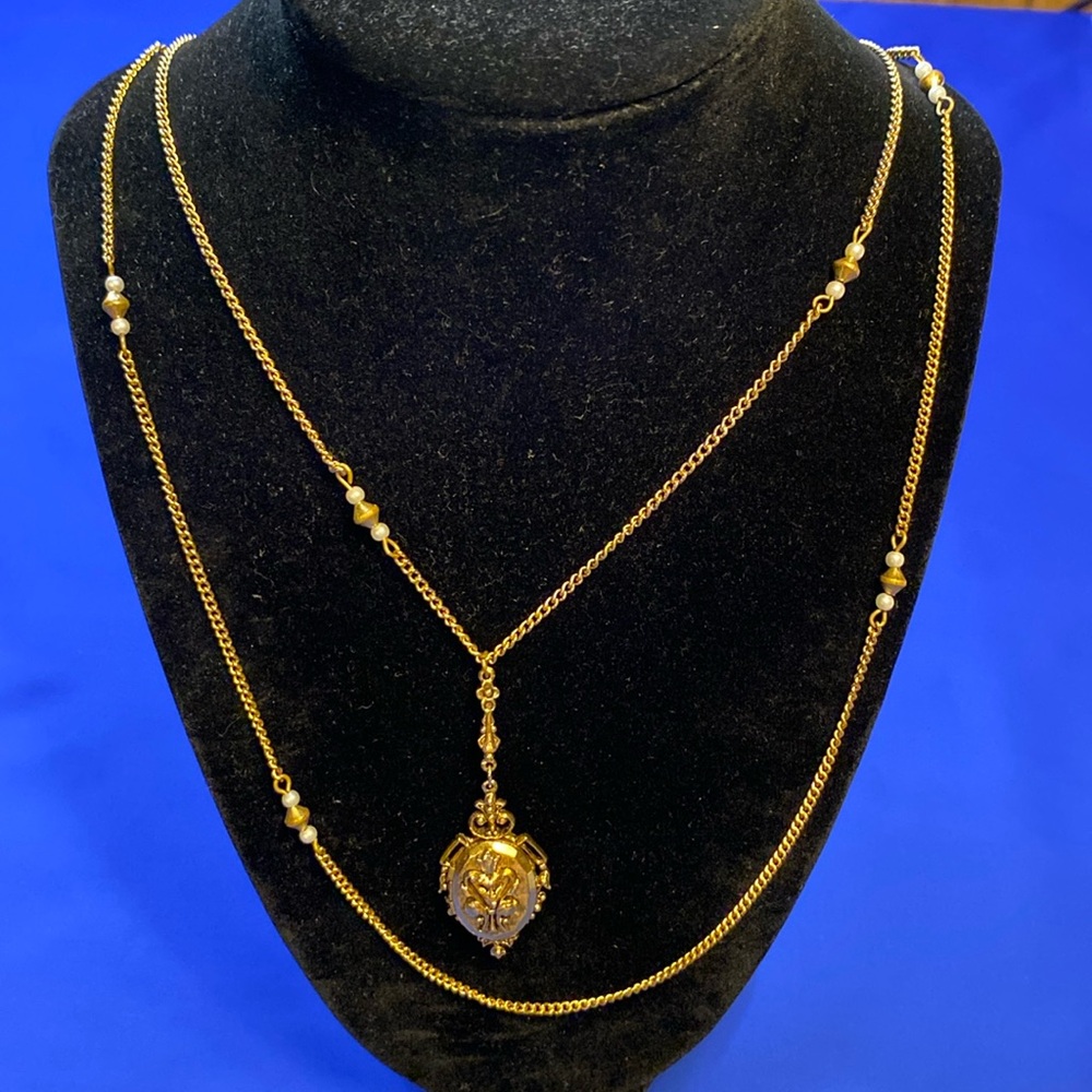 Vintage ART Gold Tone Double Strand Locket Necklace